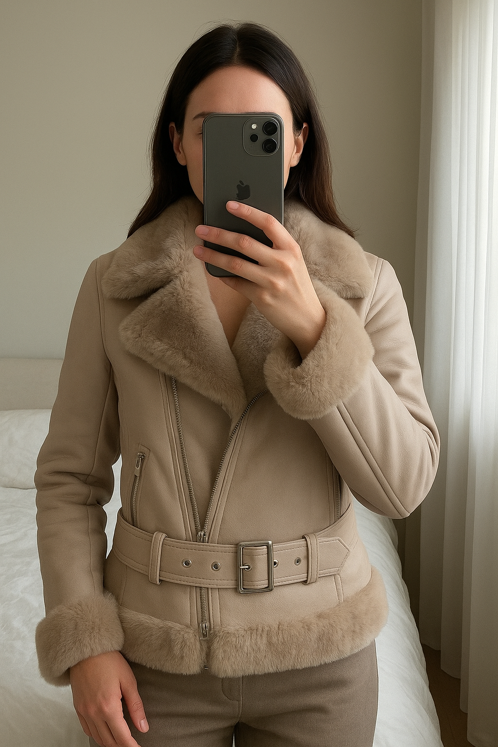 Giubbotto pelle in piedi, rivolto verso la fotocamera, in una camera da letto con luce soffusa e luce naturale che filtra dalla finestra.