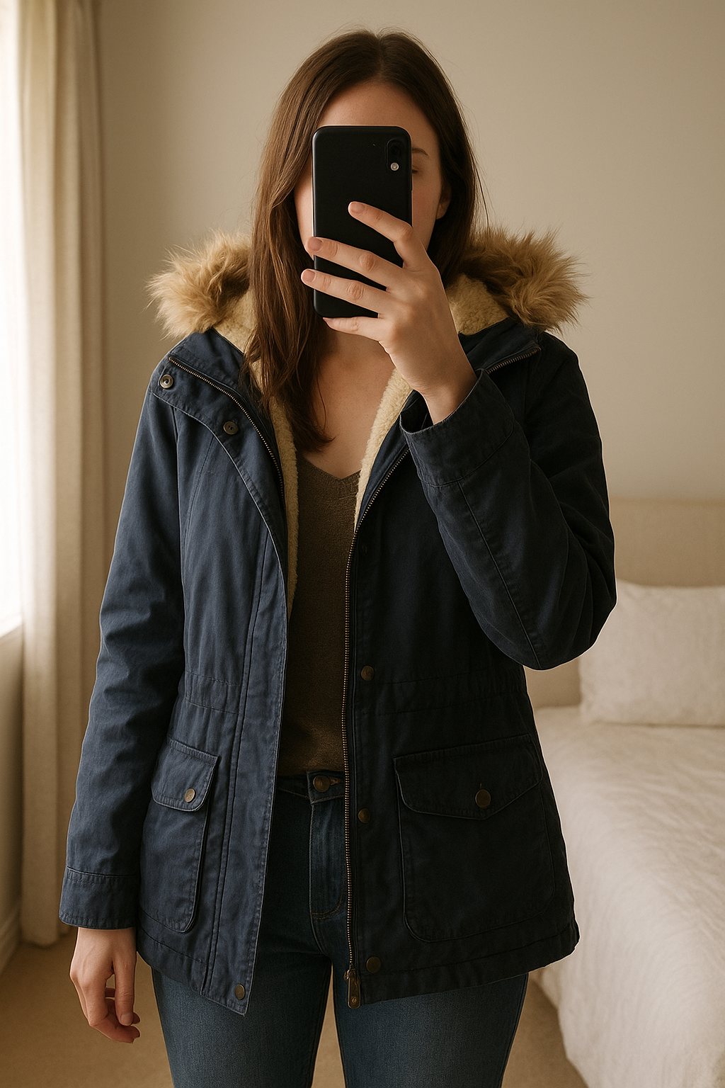 Veste chaude debout, face à la caméra, dans une chambre à la lumière douce, avec une lumière naturelle filtrant par la fenêtre.