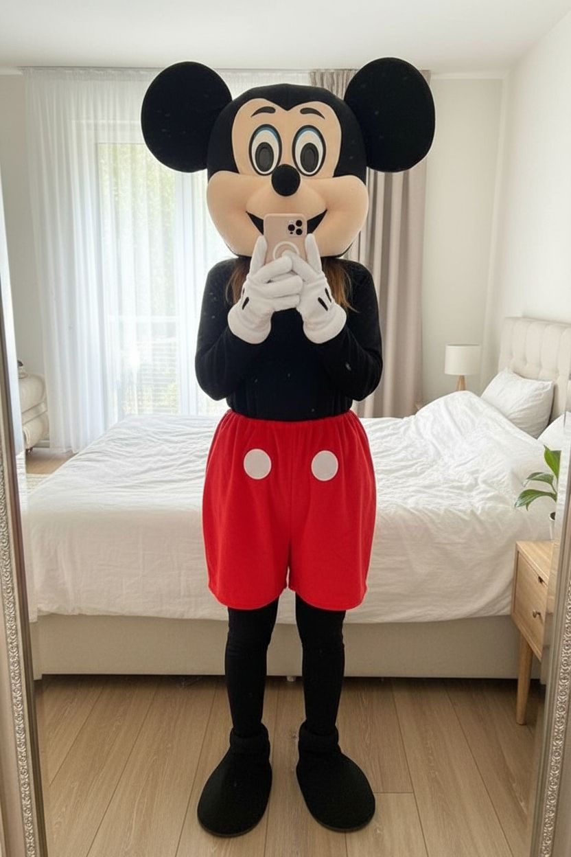 Mascotte Mickey mouse debout, face à la caméra, dans une chambre à la lumière douce, avec une lumière naturelle filtrant par la fenêtre.