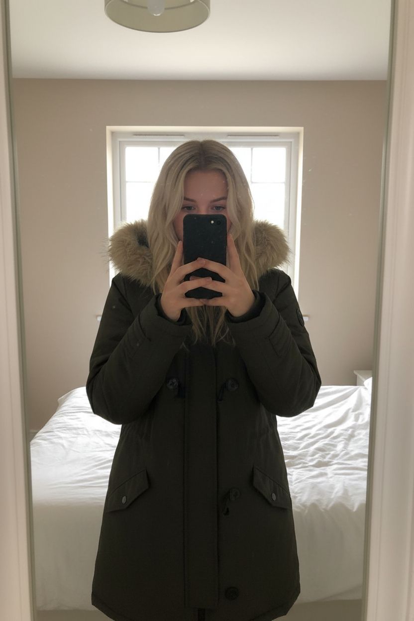 Parka by Vero Moda standing straight facing the camera, in a softly lit bedroom setting, with gentle natural light filtering through a window.