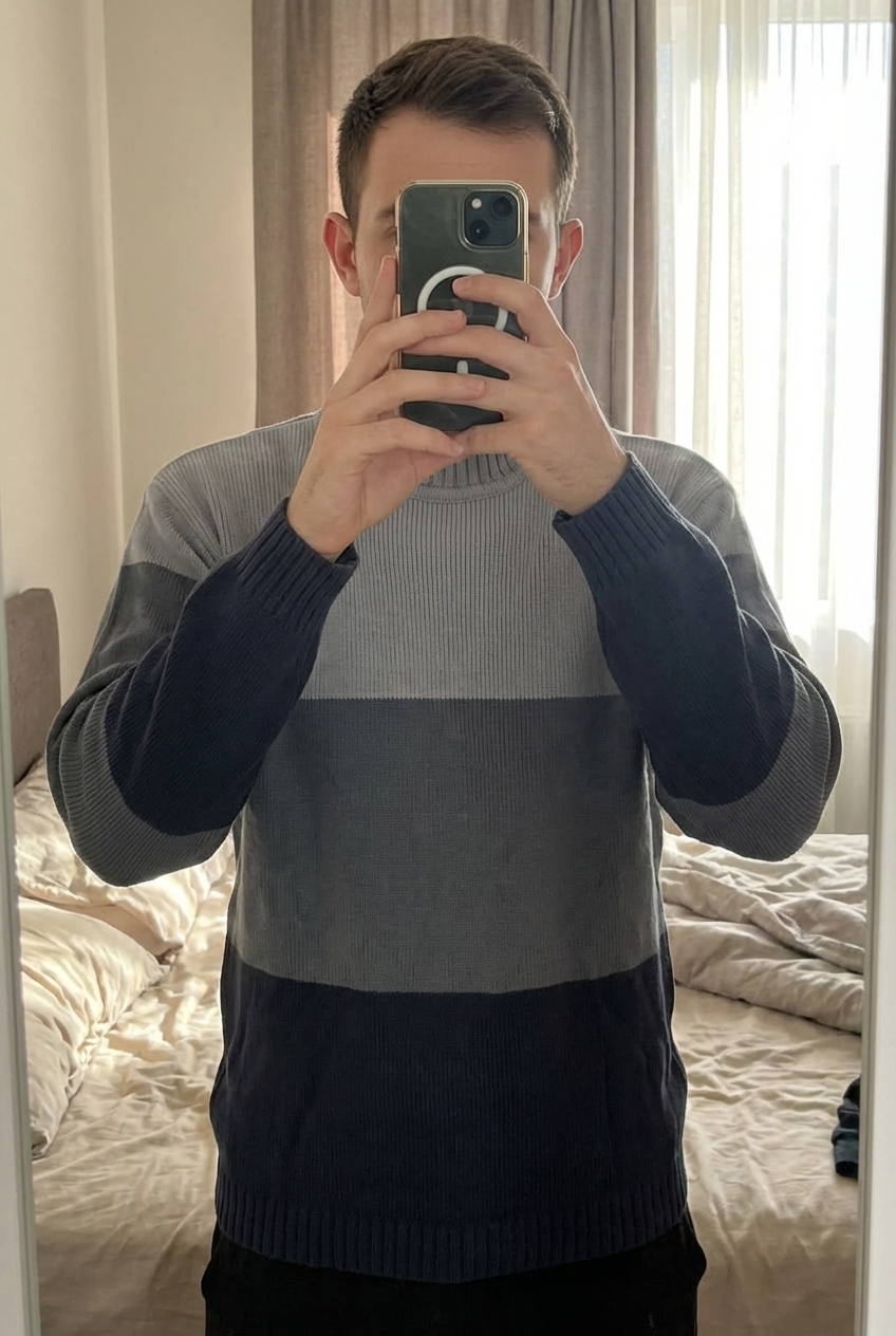 Vintage Men’s DSE Disciple Knitwear Jumper Size M standing straight facing the camera, in a softly lit bedroom setting, with gentle natural light filtering through a window.