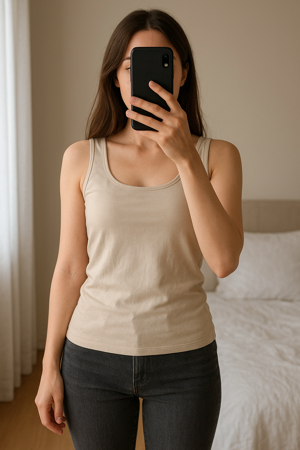 Woman top from Zara standing straight facing the camera, in a softly lit bedroom setting, with gentle natural light filtering through a window.