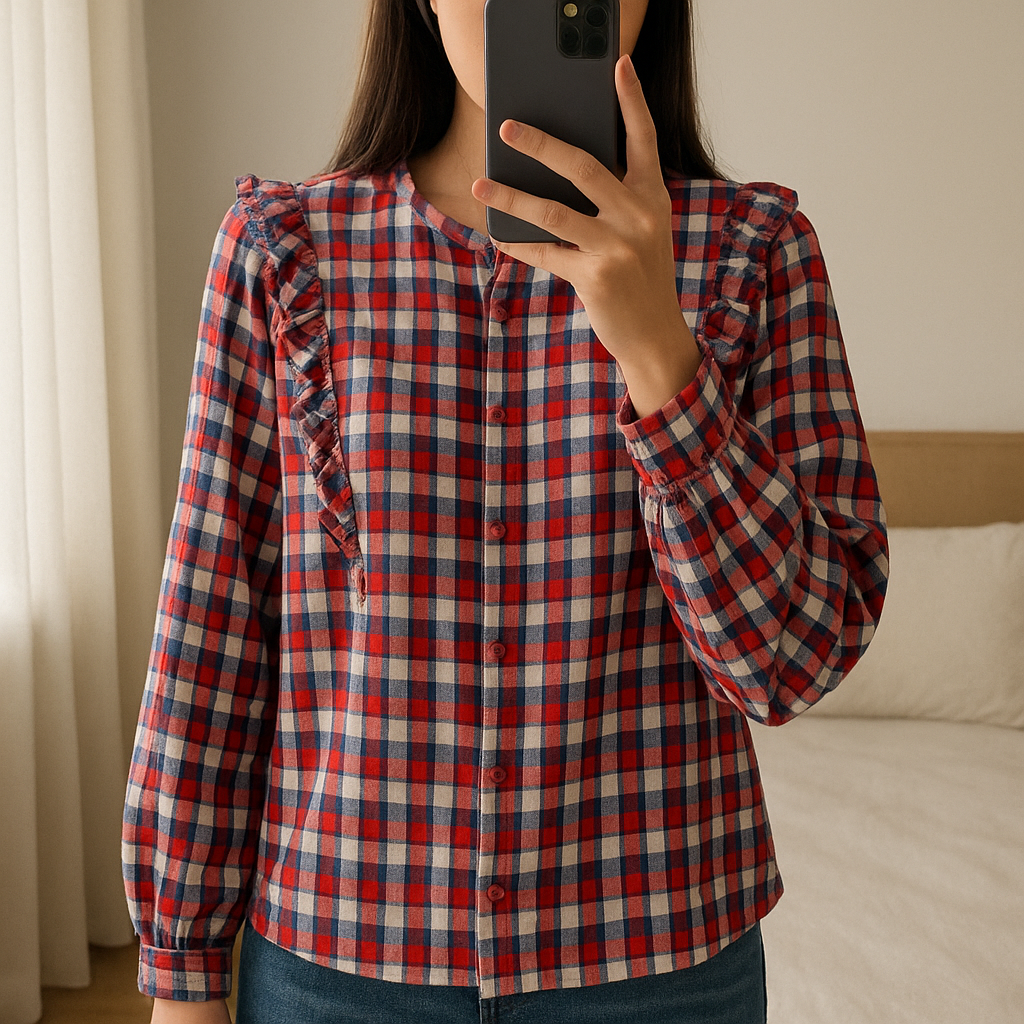 Chemise à Carreaux debout, face à la caméra, dans une chambre à la lumière douce, avec une lumière naturelle filtrant par la fenêtre.