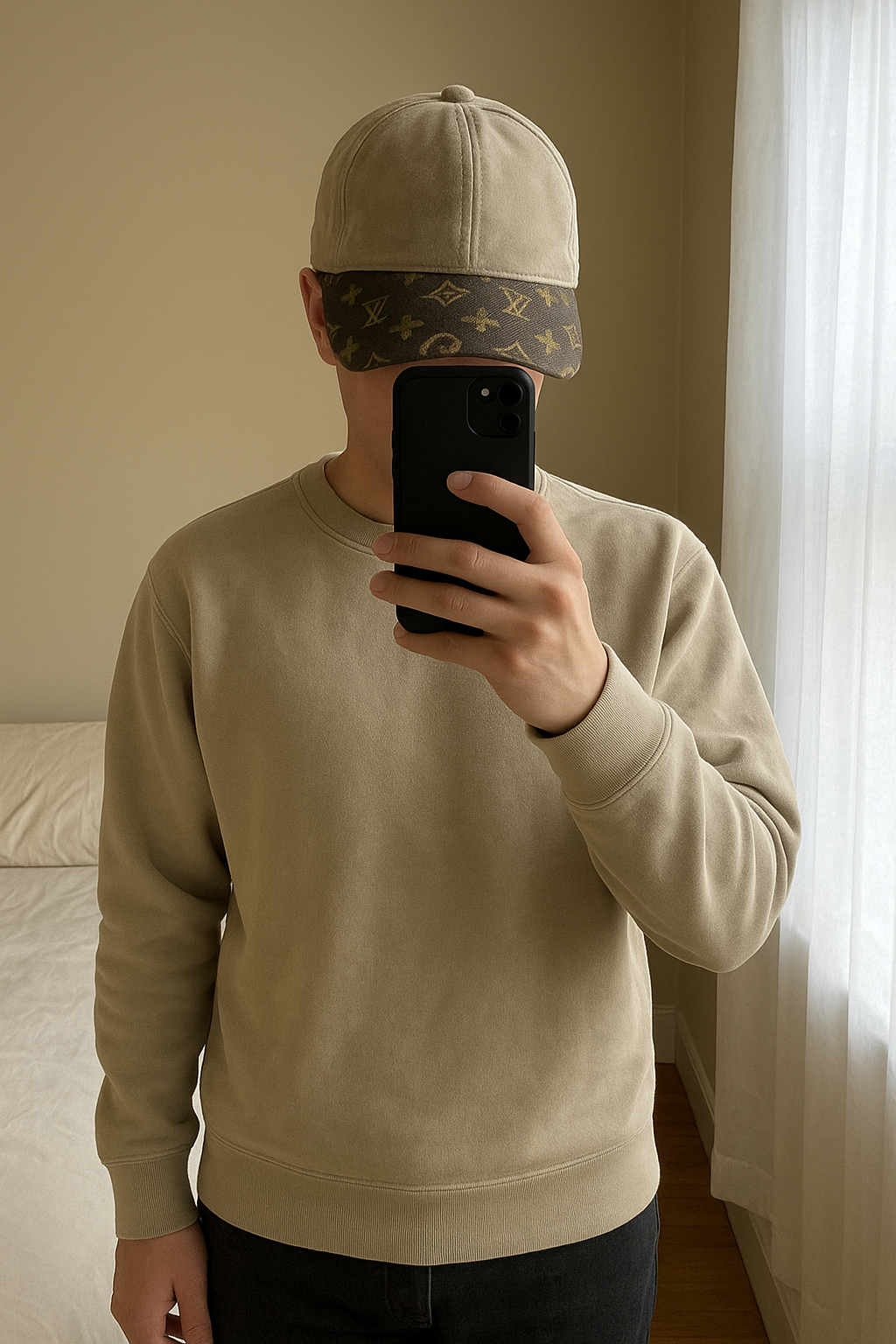 Casquette style luxe marron,motif inspiré du damier (non affiliée à une marque) debout, face à la caméra, dans une chambre à la lumière douce, avec une lumière naturelle filtrant par la fenêtre.