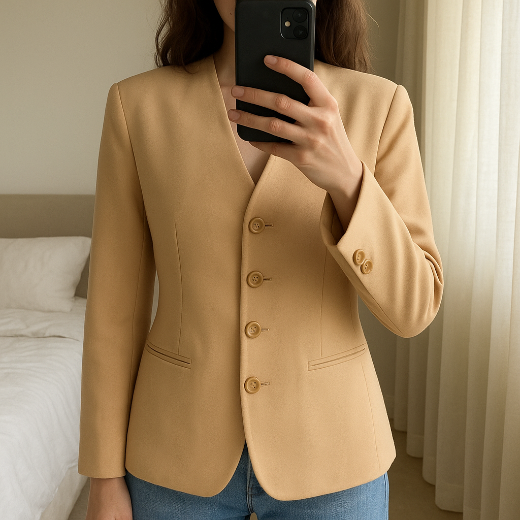 Une personne en Blazer chic Marcona Taille 44 debout, face à la caméra, dans une chambre à la lumière douce, avec une lumière naturelle filtrant par la fenêtre.