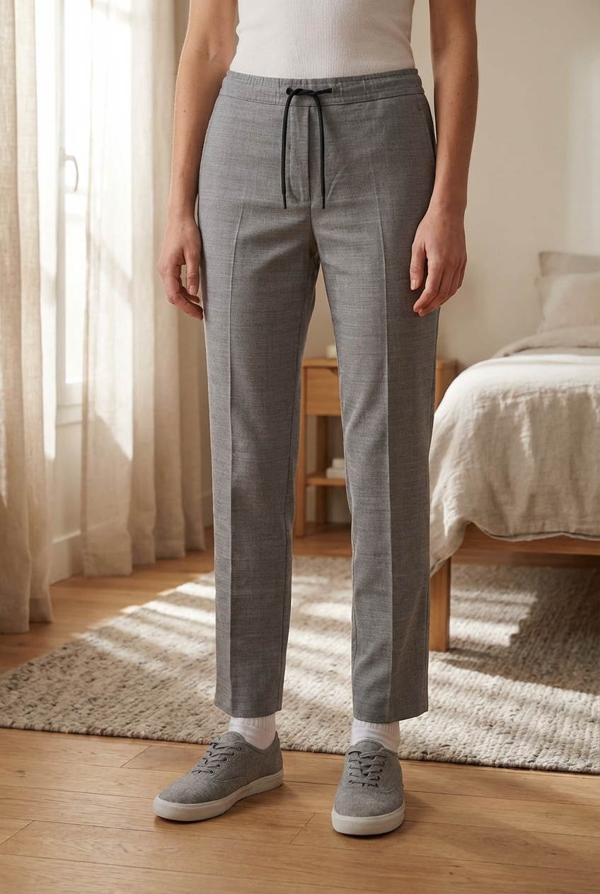 Une personne en Pantalon femme debout, face à la caméra, avec une silhouette fine, dans une chambre à la lumière douce, avec une lumière naturelle filtrant par la fenêtre.