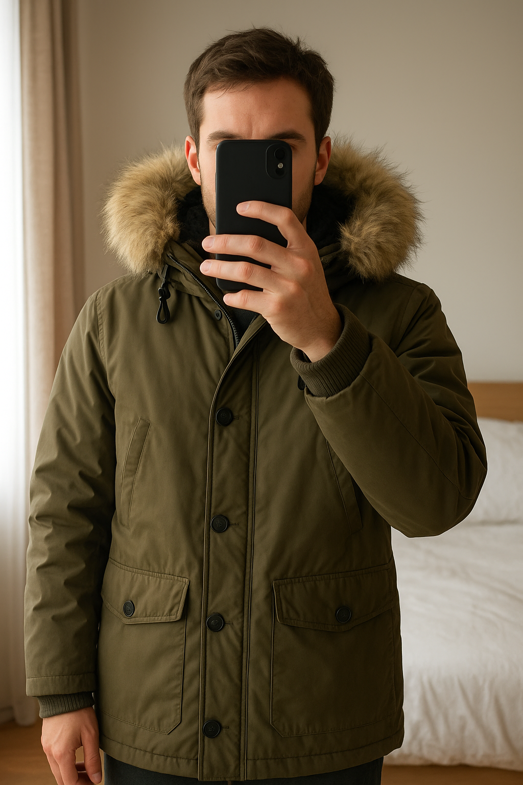 Doudoune Carhartt kaki chaude avec capuche amovible – Taille L debout, face à la caméra, dans une chambre à la lumière douce, avec une lumière naturelle filtrant par la fenêtre.