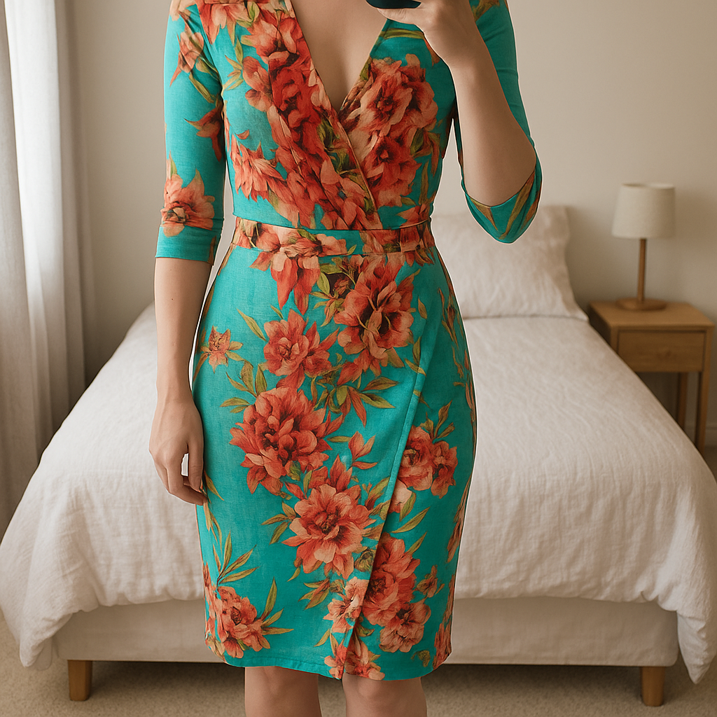 Fashion Nova short party dress standing straight facing the camera, in a softly lit bedroom setting, with gentle natural light filtering through a window.