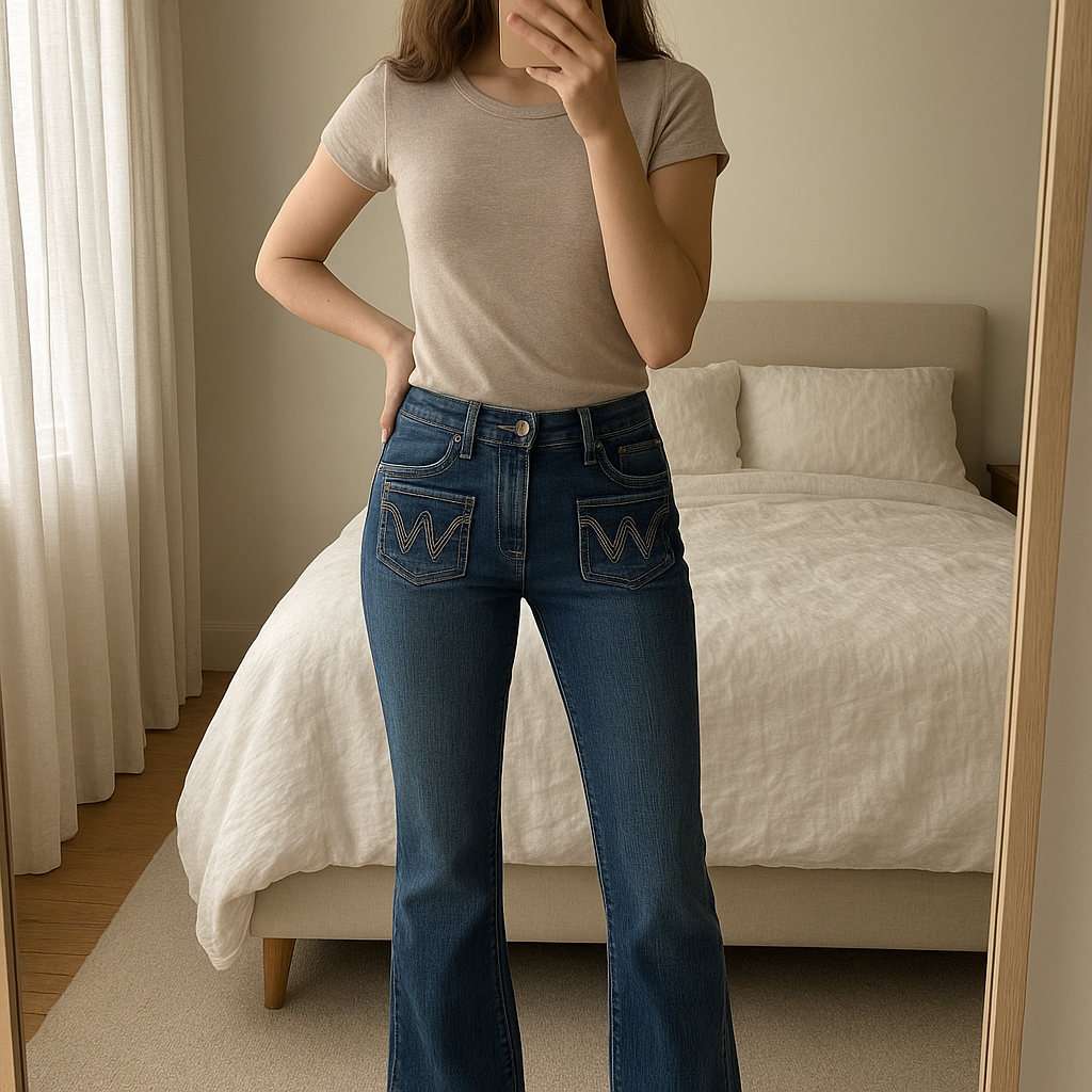 Jean Vintage Wrangler femme bootcut - FR 34 36 debout, face à la caméra, dans une chambre à la lumière douce, avec une lumière naturelle filtrant par la fenêtre.