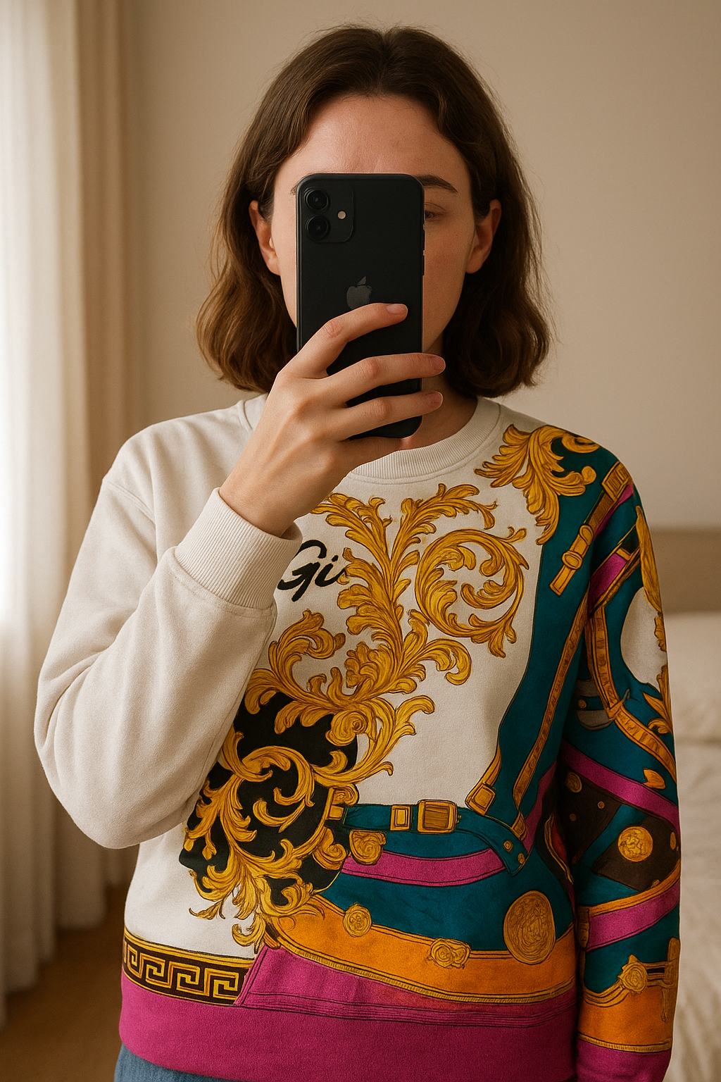 Versace Jumper standing straight facing the camera, in a softly lit bedroom setting, with gentle natural light filtering through a window.