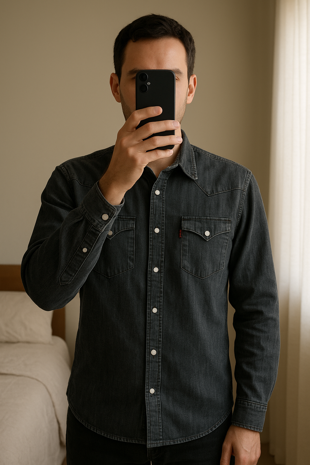 Chemise JEAN Levi's debout, face à la caméra, dans une chambre à la lumière douce, avec une lumière naturelle filtrant par la fenêtre.