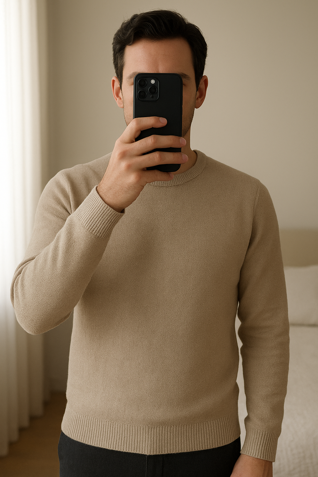 Pull XL beige homme neuf debout, face à la caméra, dans une chambre à la lumière douce, avec une lumière naturelle filtrant par la fenêtre.