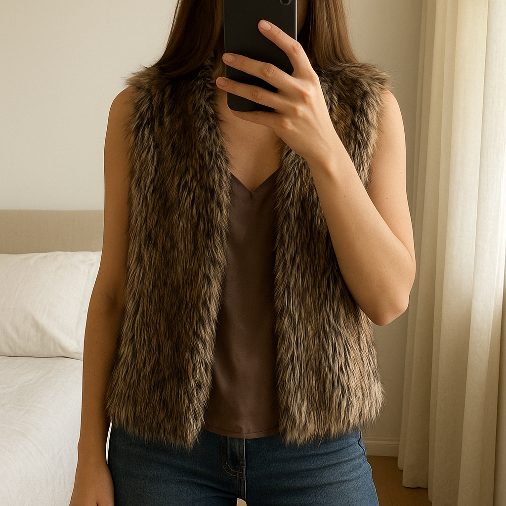 Gilet sans manches effet fourrure Taille S debout, face à la caméra, dans une chambre à la lumière douce, avec une lumière naturelle filtrant par la fenêtre.