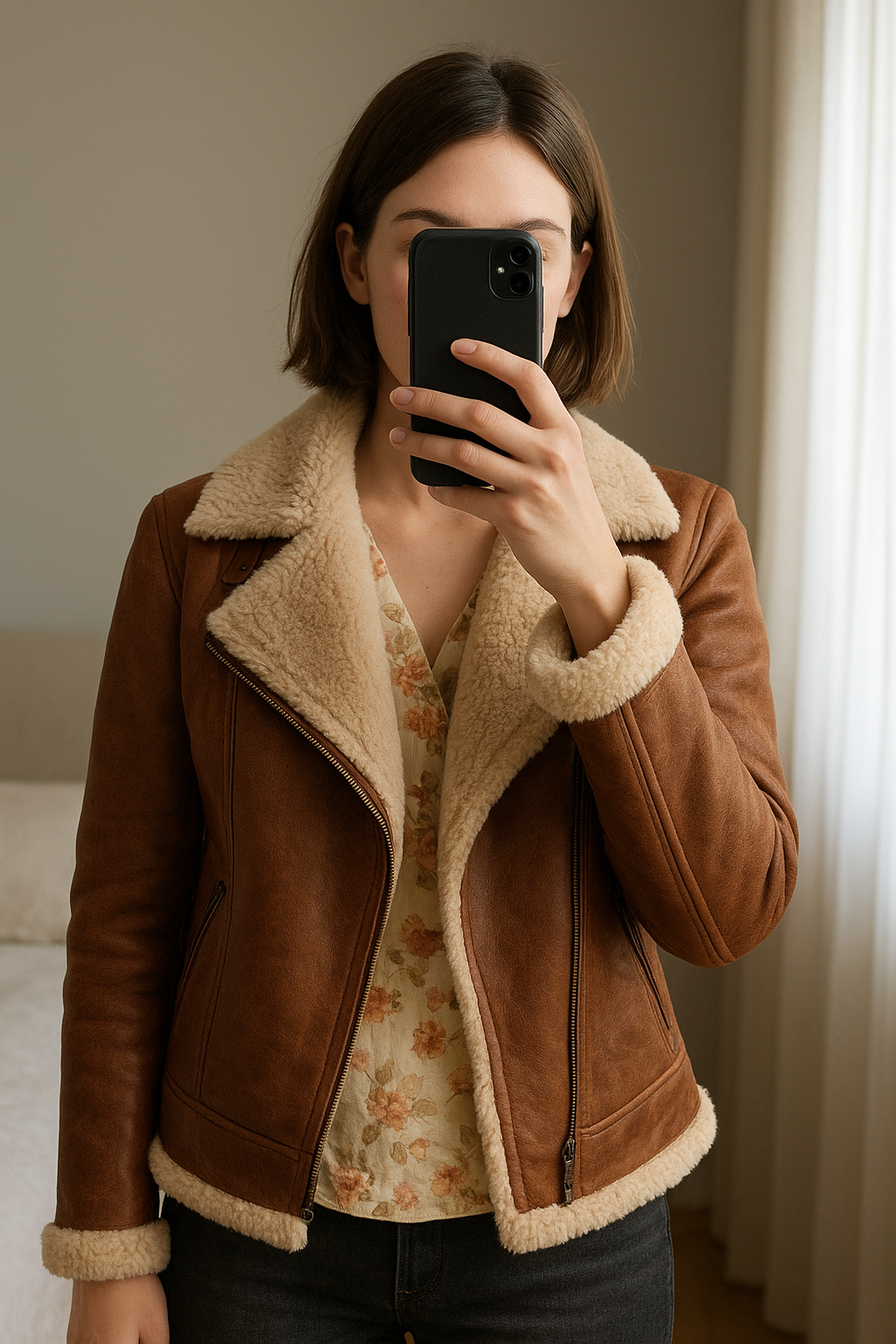 Chaqueta estilo aviador de pie, mirando a la cámara, en un dormitorio con luz suave y natural filtrándose por la ventana.