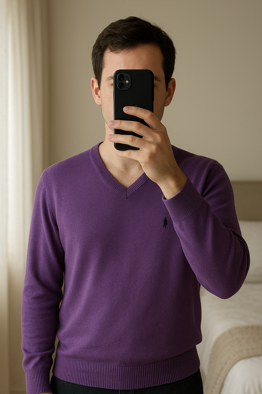 Pull Col V Polo Ralph Lauren Homme Taille L debout, face à la caméra, dans une chambre à la lumière douce, avec une lumière naturelle filtrant par la fenêtre.