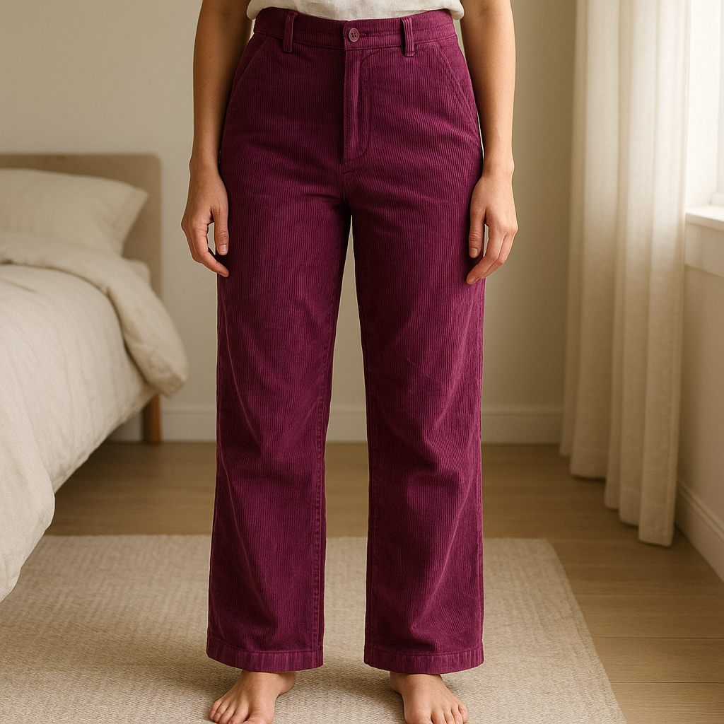Pantalon Etam velours violet taille 38 debout, face à la caméra, dans une chambre à la lumière douce, avec une lumière naturelle filtrant par la fenêtre.
