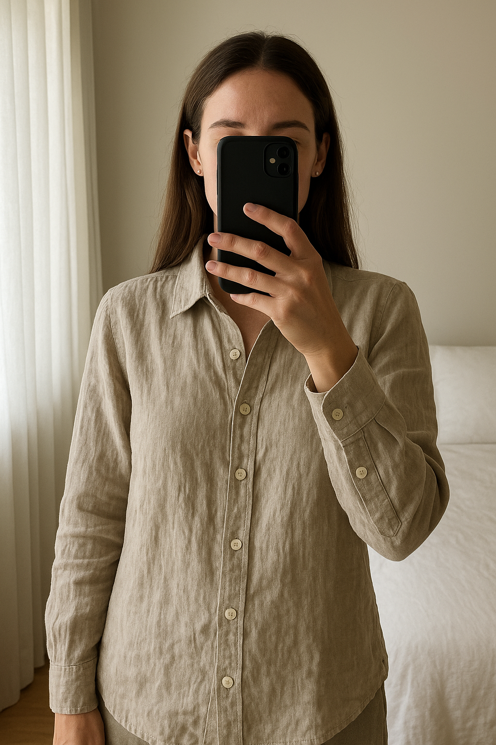 Koszula 100% linen len lniana standing straight facing the camera, in a softly lit bedroom setting, with gentle natural light filtering through a window.