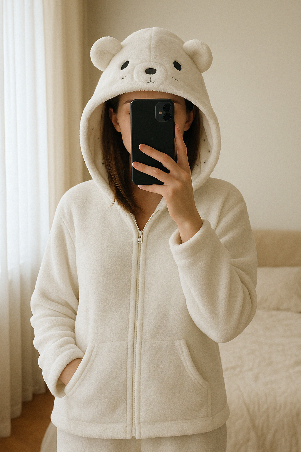 Veste robe de chambre polaire toute douce avec capuche ourson debout, face à la caméra, dans une chambre à la lumière douce, avec une lumière naturelle filtrant par la fenêtre.