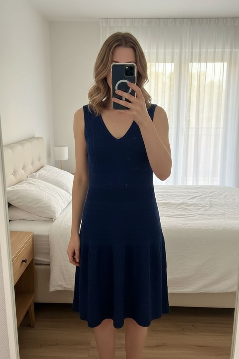 Robe bleu vif taille S BCBG Max Azria debout, face à la caméra, dans une chambre à la lumière douce, avec une lumière naturelle filtrant par la fenêtre.