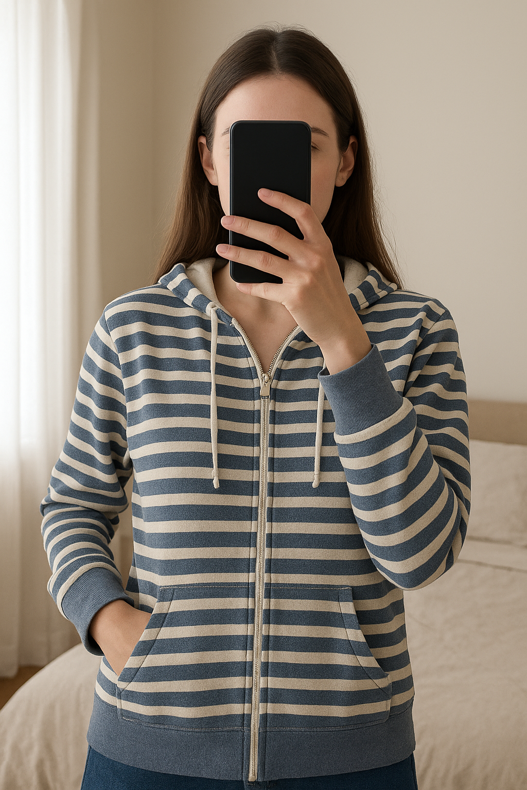 Gilet debout, face à la caméra, dans une chambre à la lumière douce, avec une lumière naturelle filtrant par la fenêtre.