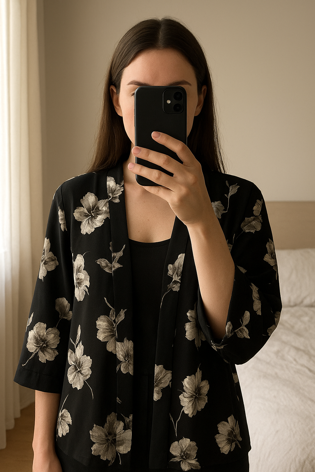 Peacocks black and white floral fitted blazer size 16 with 3/4 rouged sleeves standing straight facing the camera, in a softly lit bedroom setting, with gentle natural light filtering through a window.