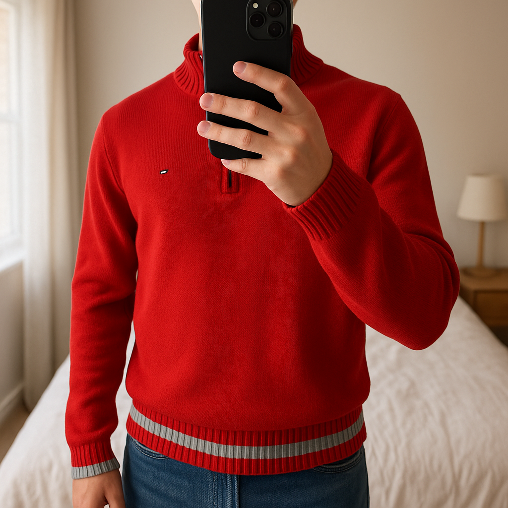 Quarter zip Tommy Hilfiger 12-14 ans – rouge debout, face à la caméra, dans une chambre à la lumière douce, avec une lumière naturelle filtrant par la fenêtre.