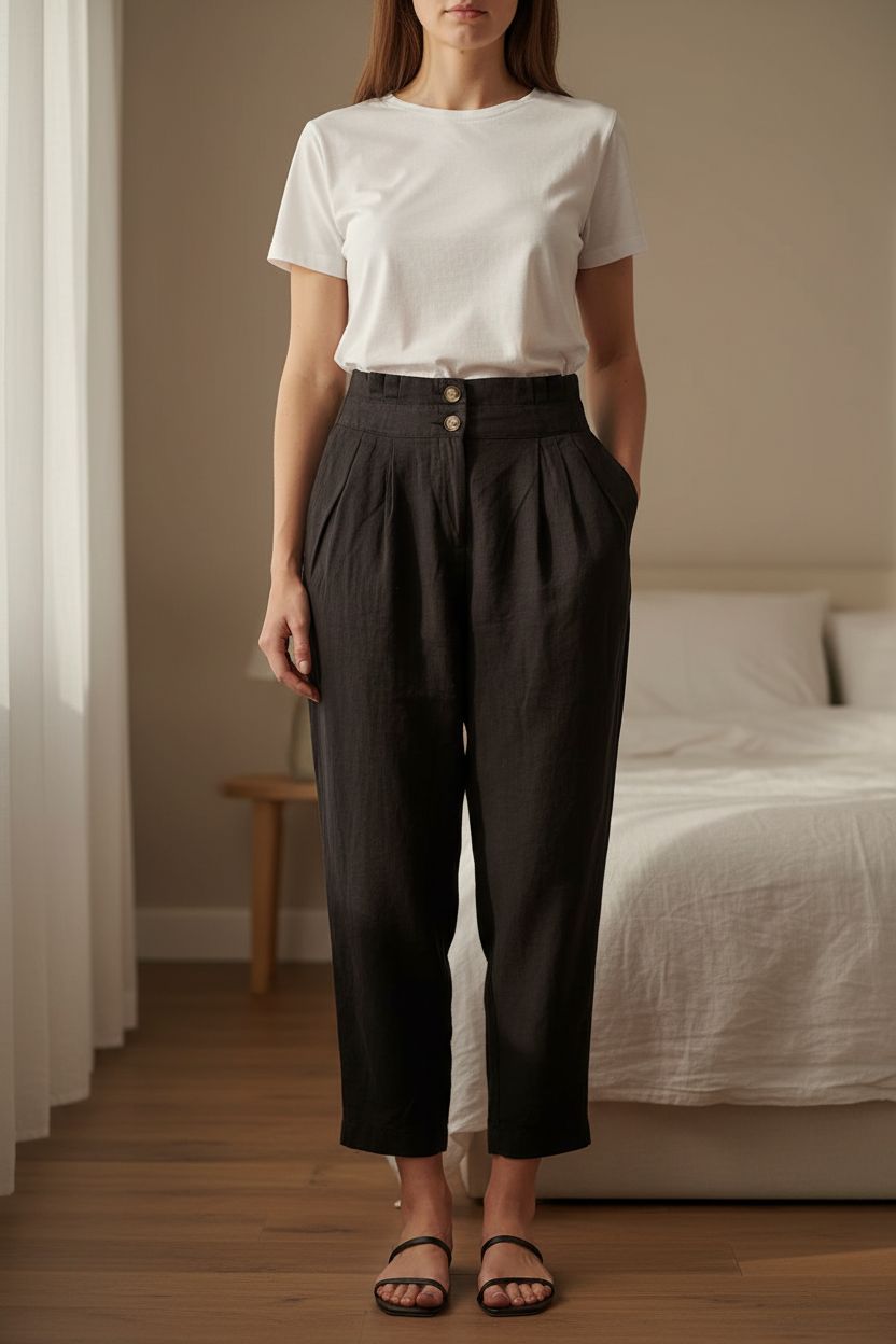 Pantalon fluide noir printemps été 38 - Pantaloni estate Donna 38 in piedi, rivolto verso la fotocamera, in una camera da letto con luce soffusa e luce naturale che filtra dalla finestra.