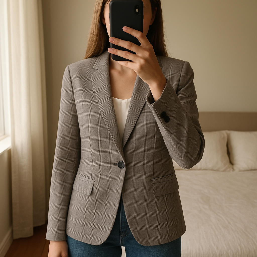 Une personne en Blazer carreaux H&M gris T.44 debout, face à la caméra, dans une chambre à la lumière douce, avec une lumière naturelle filtrant par la fenêtre.