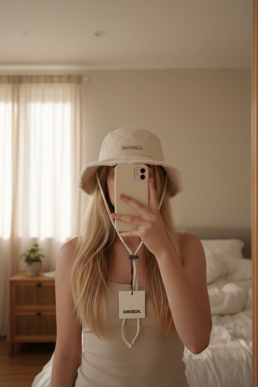 Chapeau jacquemus beige neuf jamais porté debout, face à la caméra, dans une chambre à la lumière douce, avec une lumière naturelle filtrant par la fenêtre.