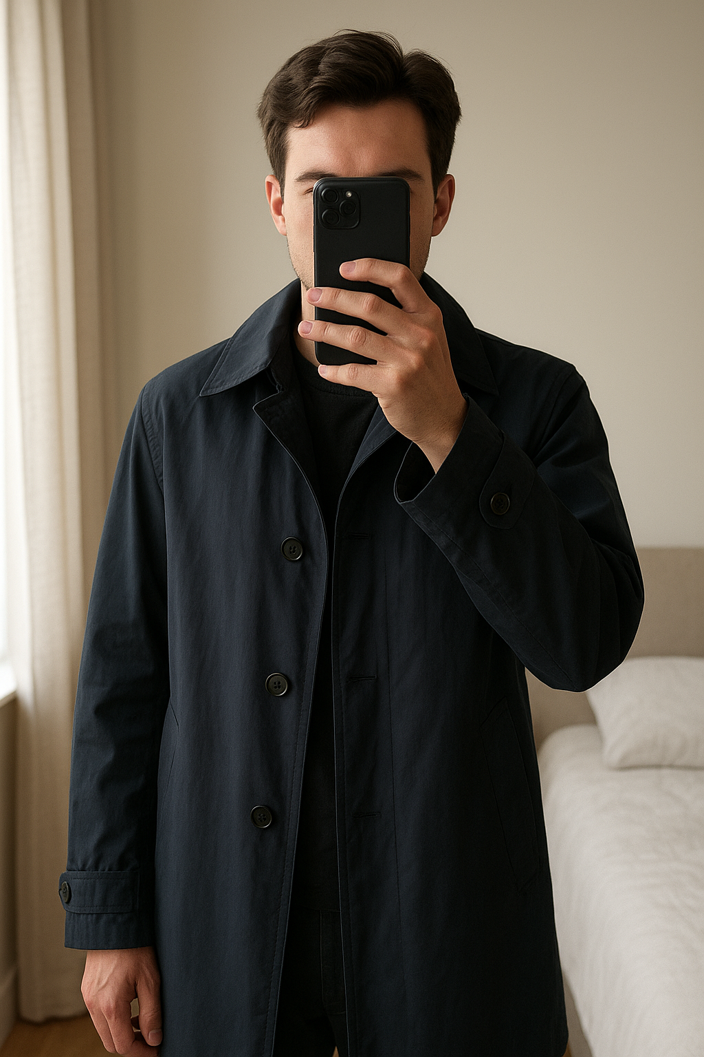 Parka debout, face à la caméra, dans une chambre à la lumière douce, avec une lumière naturelle filtrant par la fenêtre.