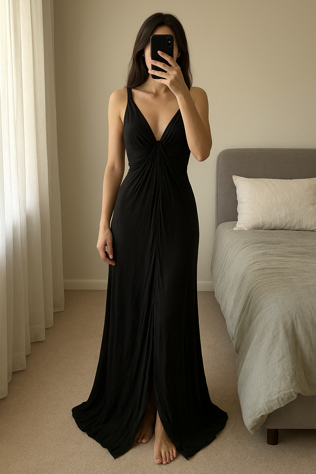 Robe de soirée Guess debout, face à la caméra, dans une chambre à la lumière douce, avec une lumière naturelle filtrant par la fenêtre.