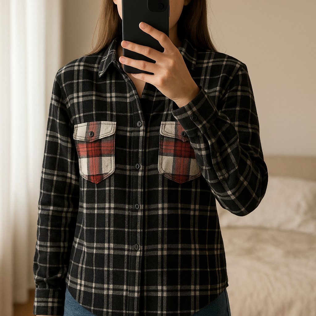 Chemise the kooples debout, face à la caméra, dans une chambre à la lumière douce, avec une lumière naturelle filtrant par la fenêtre.