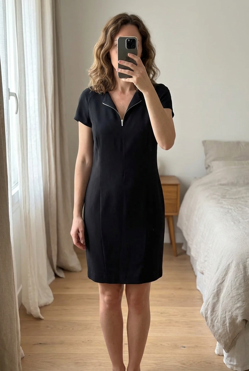 Robe noire chic Gérard Darel taille 40 debout, face à la caméra, dans une chambre à la lumière douce, avec une lumière naturelle filtrant par la fenêtre.