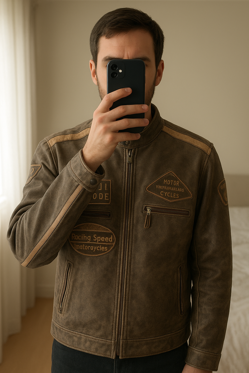 Leather jacket standing straight facing the camera, in a softly lit bedroom setting, with gentle natural light filtering through a window.