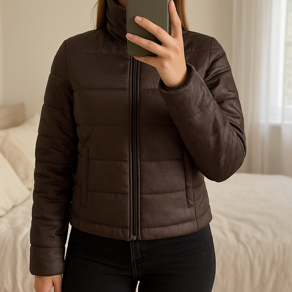 Esprit Braetan Brown Paisley Print Showerproof Puffer Jacket with Hidden Hood - Small standing straight facing the camera, in a softly lit bedroom setting, with gentle natural light filtering through a window.