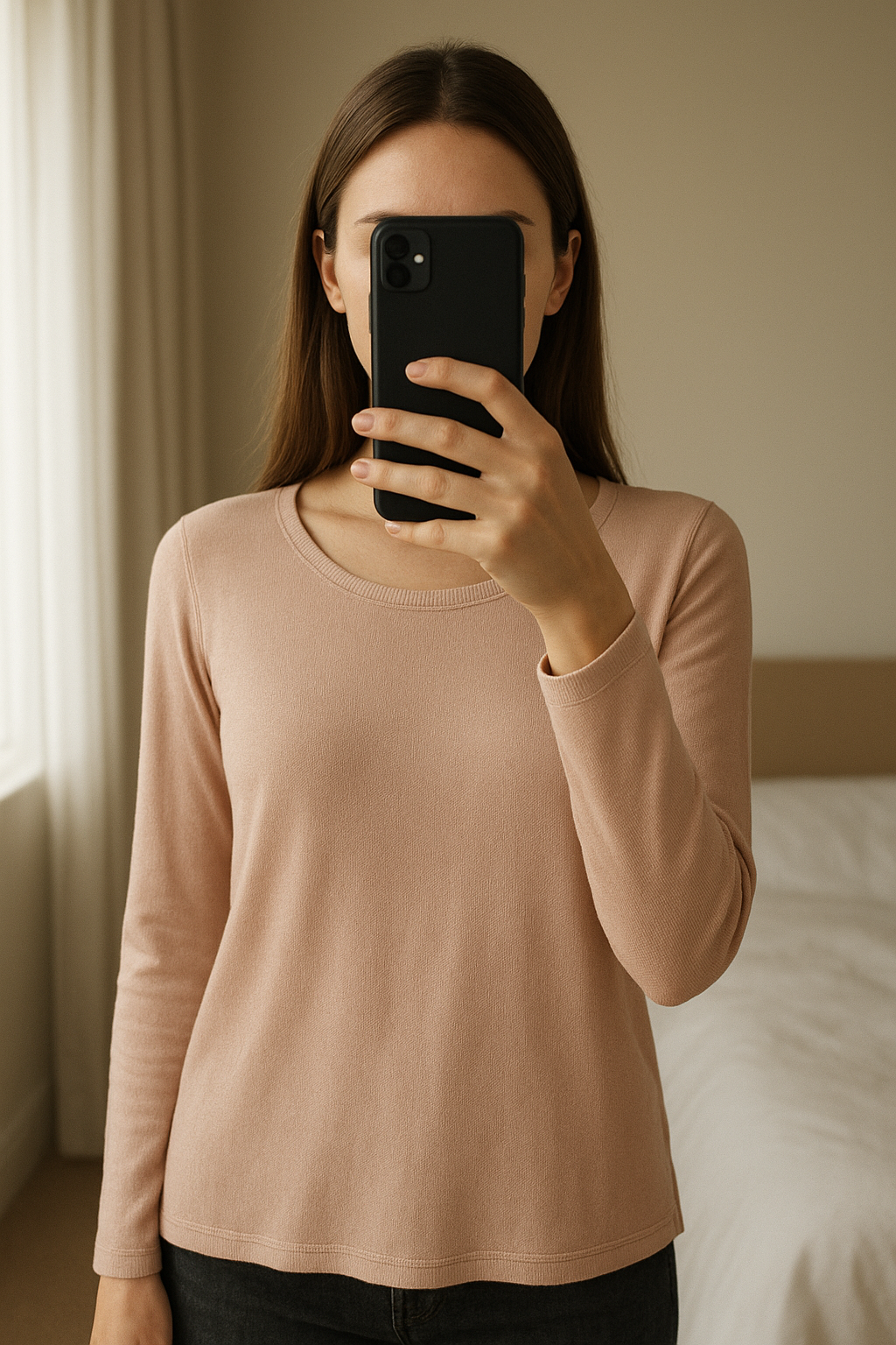 Long pull rose Vero Moda Taille L neuf avec étiquette debout, face à la caméra, dans une chambre à la lumière douce, avec une lumière naturelle filtrant par la fenêtre.