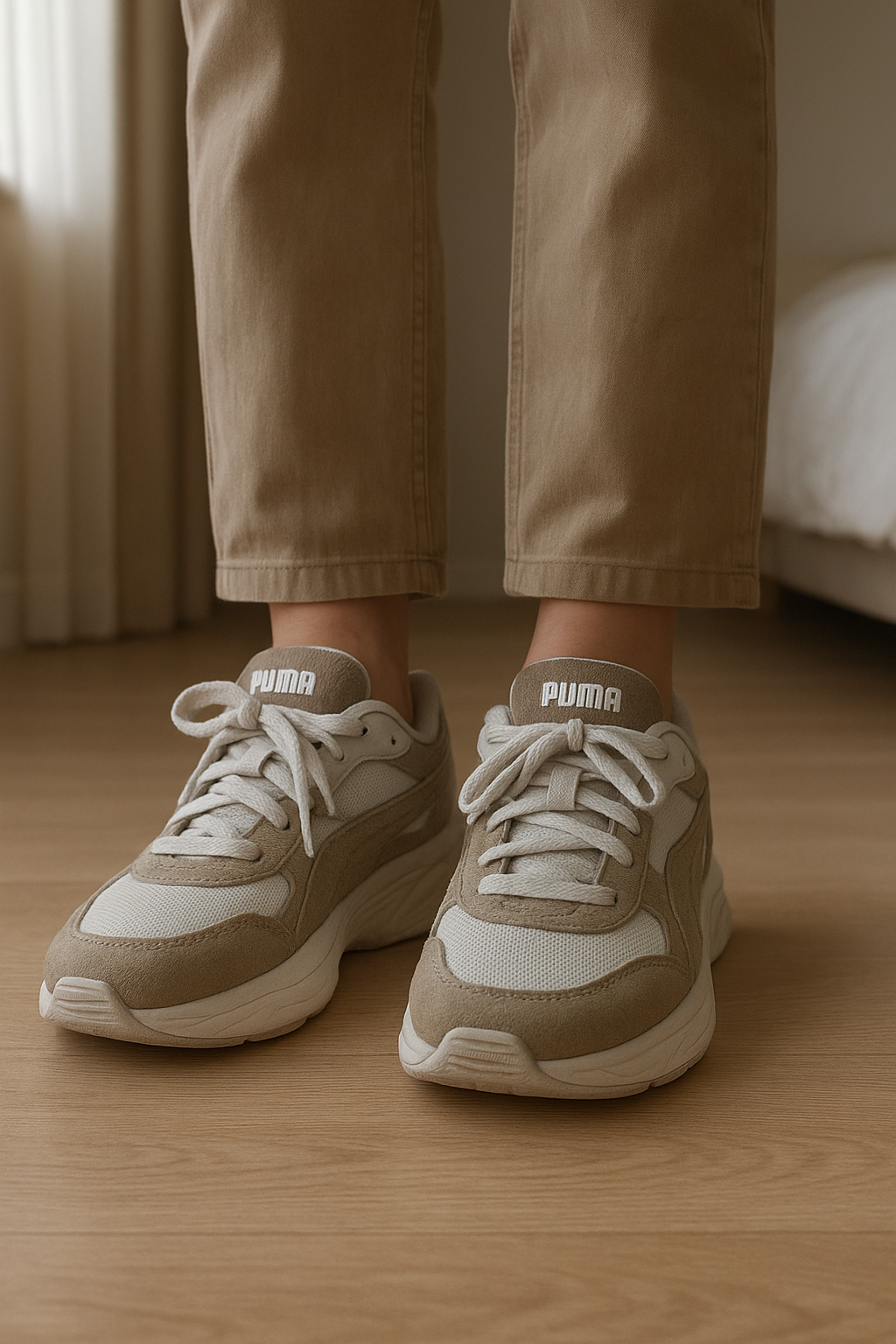 PUMA 180 Corduroy – Unisexe – Taille 40 – Très bon état debout, face à la caméra, dans une chambre à la lumière douce, avec une lumière naturelle filtrant par la fenêtre.