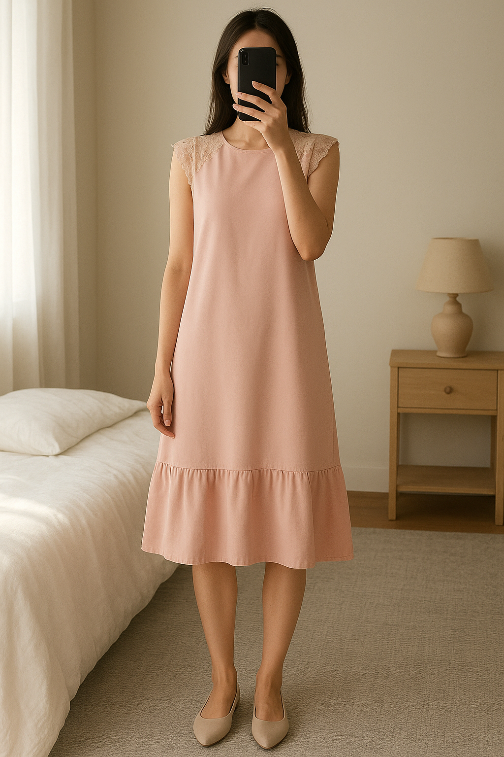 Robe courte élégante debout, face à la caméra, dans une chambre à la lumière douce, avec une lumière naturelle filtrant par la fenêtre.