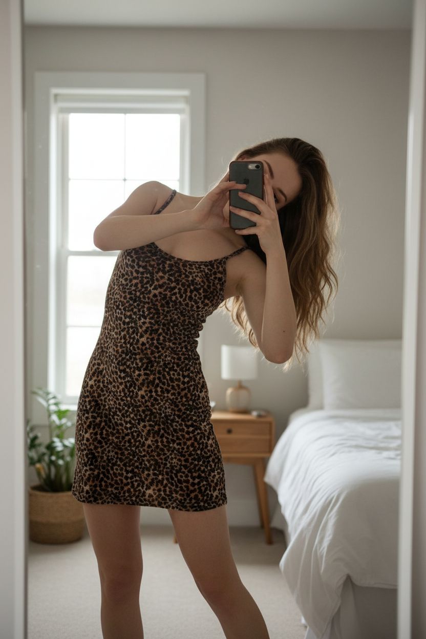 Une personne en Mini-robe léopard SHE In, taille XS cambrant légèrement le dos pour une pose dynamique, dans une chambre à la lumière douce, avec une lumière naturelle filtrant par la fenêtre.