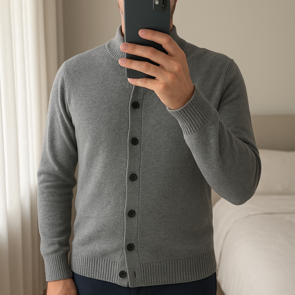 Cardigan cachemire cotton Tommy Hilfiger Gris L debout, face à la caméra, dans une chambre à la lumière douce, avec une lumière naturelle filtrant par la fenêtre.