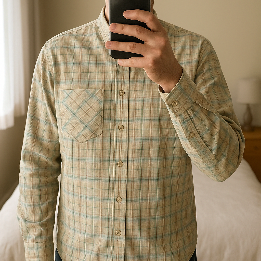 Camicia Vintage Marlboro Classics XL a scacchi – Shirt – Chemise – Camisa – Hemd in piedi, rivolto verso la fotocamera, in una camera da letto con luce soffusa e luce naturale che filtra dalla finestra.