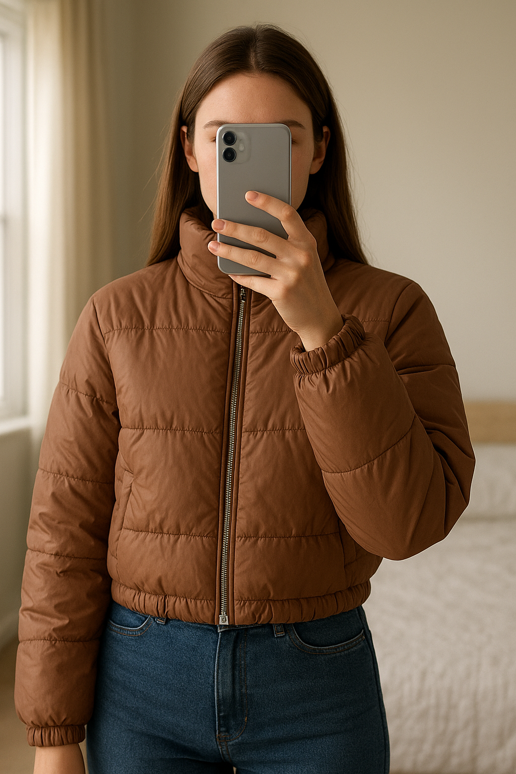 Doudoune courte camel Taille unique debout, face à la caméra, dans une chambre à la lumière douce, avec une lumière naturelle filtrant par la fenêtre.