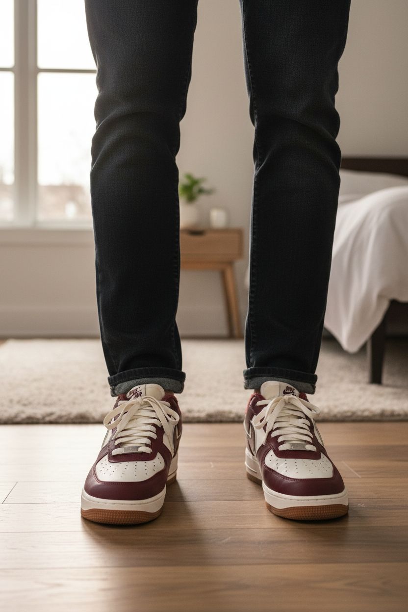 Baskets Nike Taille 43 debout, face à la caméra, dans une chambre à la lumière douce, avec une lumière naturelle filtrant par la fenêtre.