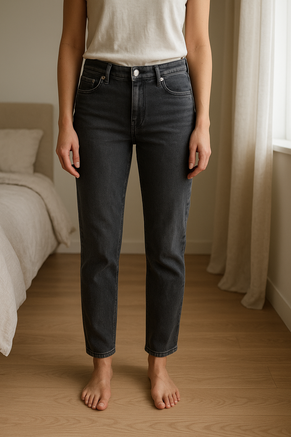 Jean mango debout, face à la caméra, dans une chambre à la lumière douce, avec une lumière naturelle filtrant par la fenêtre.