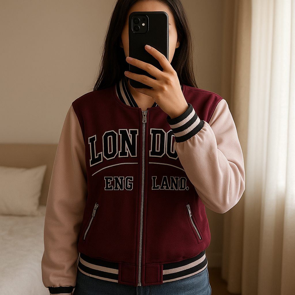 Veste universitaire américaine vintage taille S debout, face à la caméra, dans une chambre à la lumière douce, avec une lumière naturelle filtrant par la fenêtre.