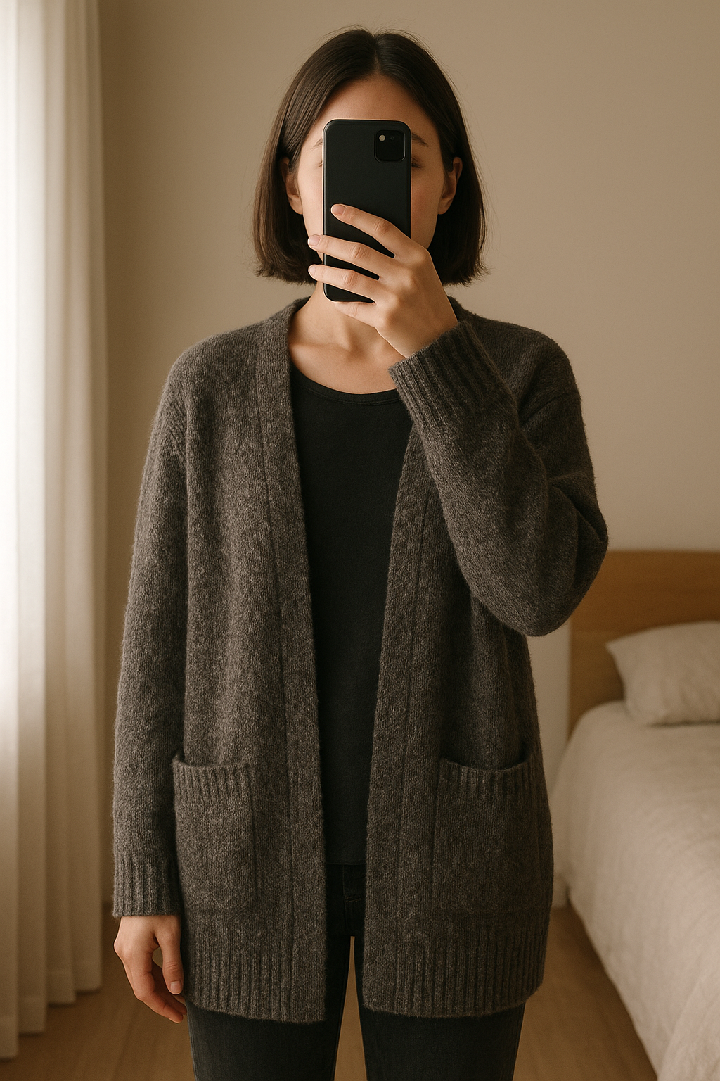 Gilet long marron/gris foncé debout, face à la caméra, dans une chambre à la lumière douce, avec une lumière naturelle filtrant par la fenêtre.