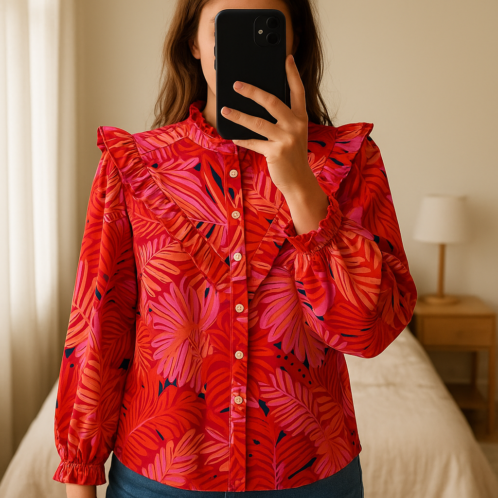 Magnifique blouse colorée manches 3/4 taille M - Michelle McDowell debout, face à la caméra, dans une chambre à la lumière douce, avec une lumière naturelle filtrant par la fenêtre.