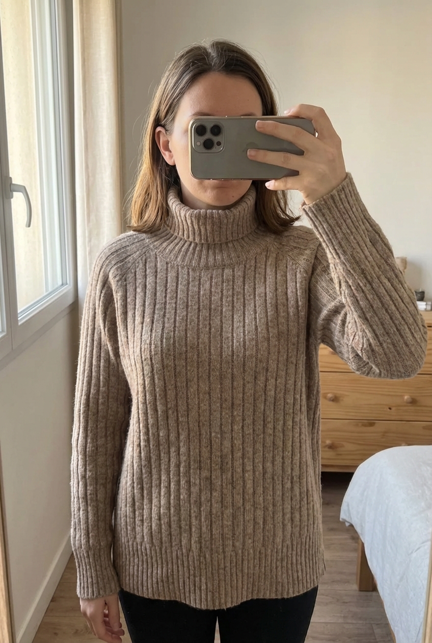 Pull en laine beige debout, face à la caméra, dans une chambre à la lumière douce, avec une lumière naturelle filtrant par la fenêtre.