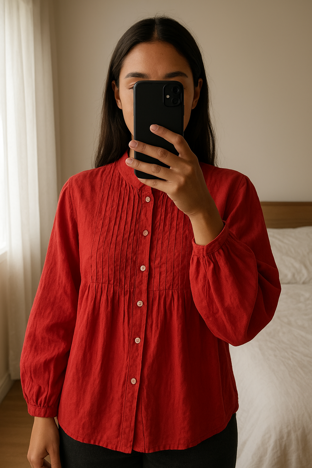 Une personne en Chemise seidensticker rouge debout, face à la caméra, dans une chambre à la lumière douce, avec une lumière naturelle filtrant par la fenêtre.