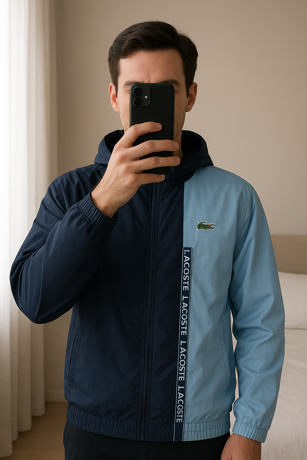 🧥 Lacoste Veste de tennis zippée Taille 46 FR debout, face à la caméra, dans une chambre à la lumière douce, avec une lumière naturelle filtrant par la fenêtre.